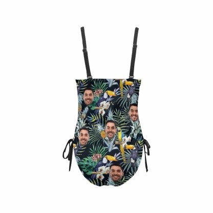Custom Couple Mathching Swimsuit&Hawaiian Shirt Custom Face Personalized Drawstring Side One-Piece Swimsuit&Hawaiian Shirt - YesCustom