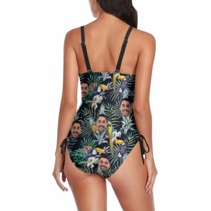 Custom Couple Mathching Swimsuit&Hawaiian Shirt Custom Face Personalized Drawstring Side One-Piece Swimsuit&Hawaiian Shirt - YesCustom