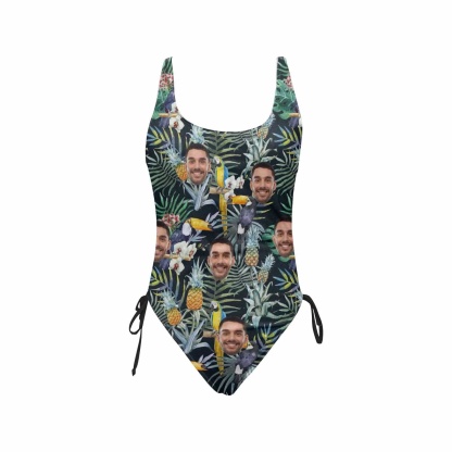 Custom Couple Mathching Swimsuit&Hawaiian Shirt Custom Face Personalized Drawstring Side One-Piece Swimsuit&Hawaiian Shirt - YesCustom