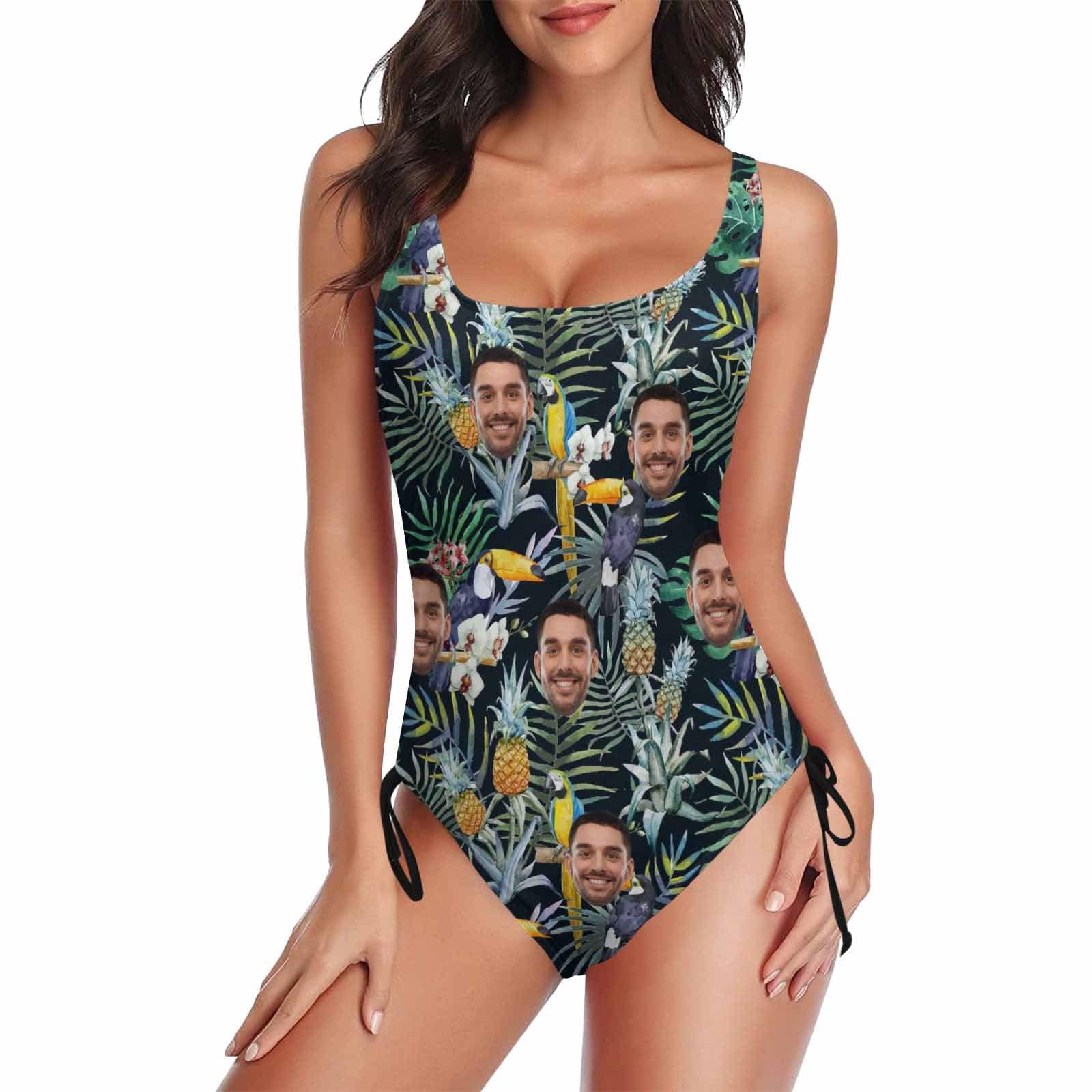 Custom Couple Mathching Swimsuit&Hawaiian Shirt Custom Face Personalized Drawstring Side One-Piece Swimsuit&Hawaiian Shirt - YesCustom