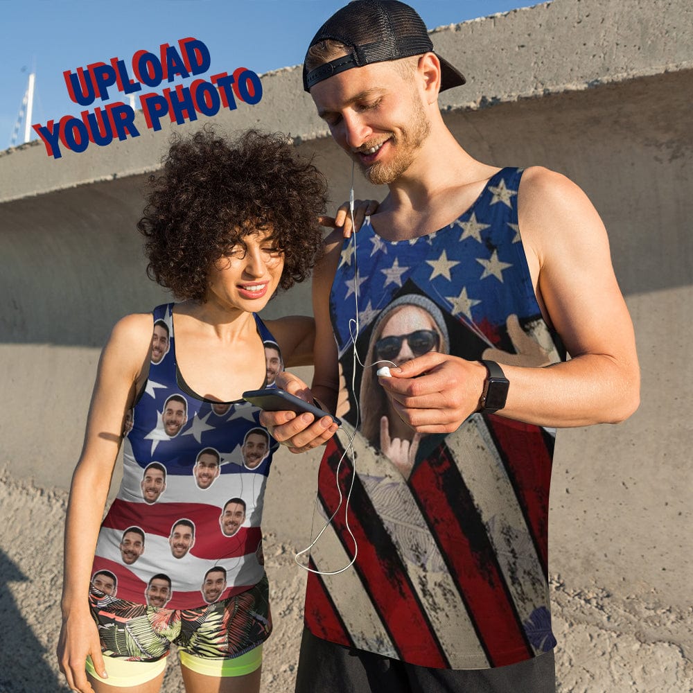 Custom Face USA Flag Matching Couple Tops Desig Print Tank Top