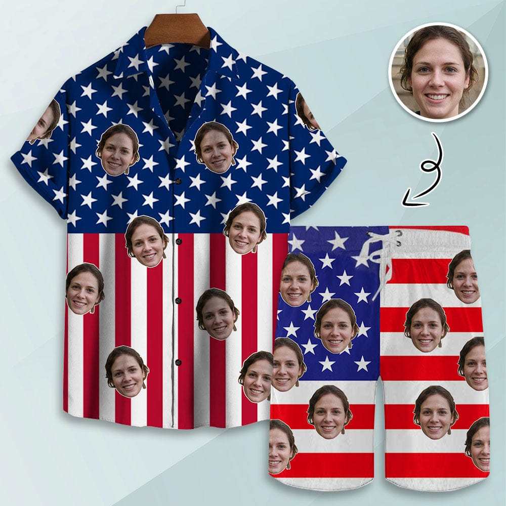 Custom Couple USA Flag Hawaiian Shirt Set&Cover Up Dress Independence Gift - YesCustom