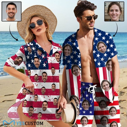 Custom Couple USA Flag Hawaiian Shirt Set&Cover Up Dress Independence Gift - YesCustom