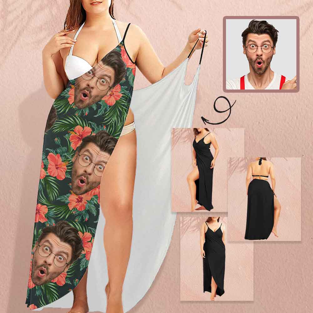 Custom Husband Face Red Flowers Women's Cover up Beach Dress