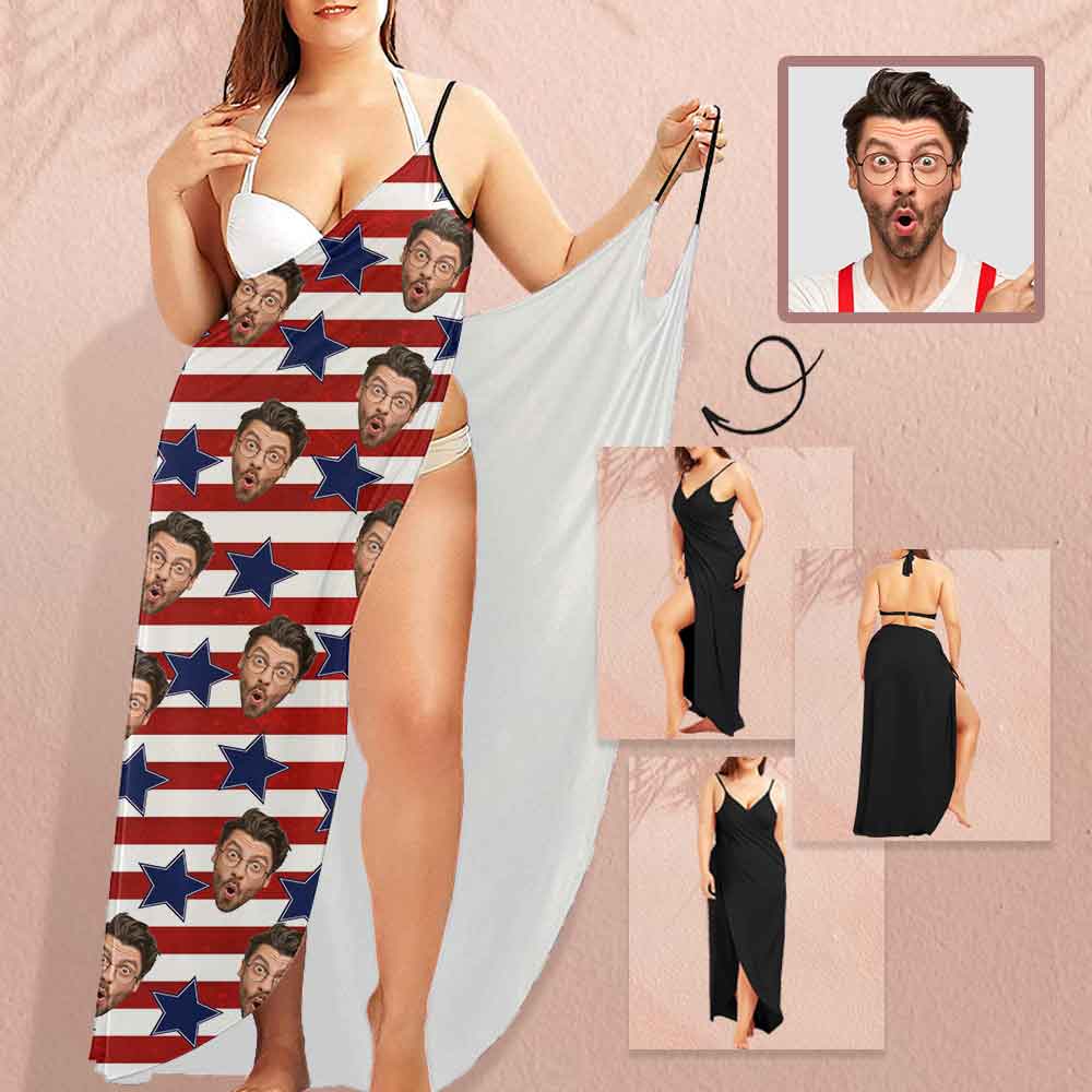 Custom Husband Face Striped Stars Women's Cover up Beach Dress