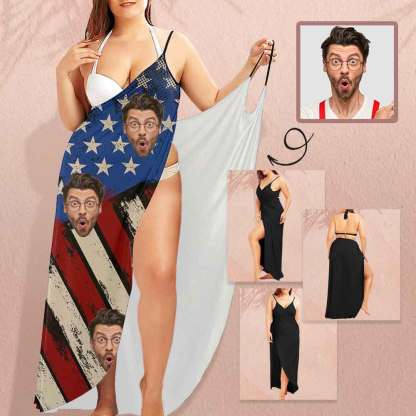 Custom Husband Face USA Flag Women's Cover up Beach Dress
