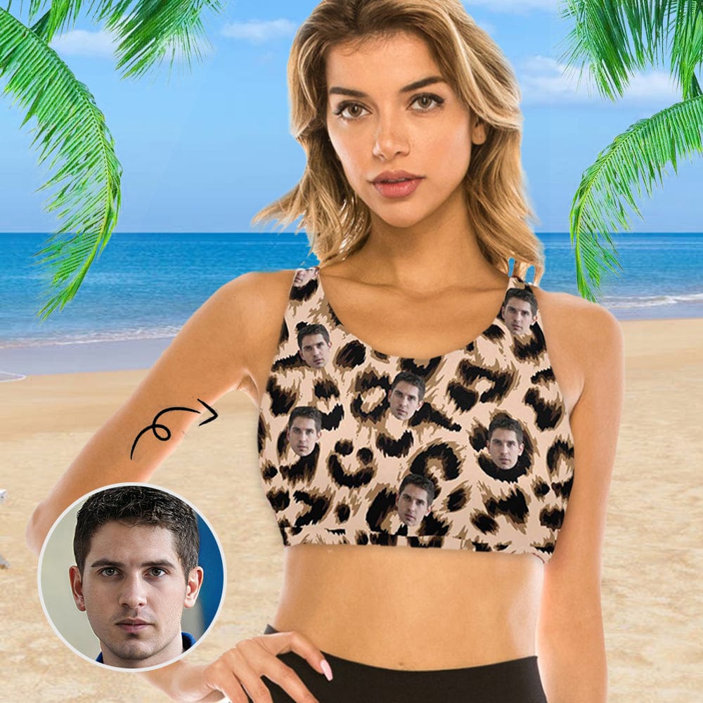 Custom #Crewneck Tank Bikini Top - Custom Face Leopard Print Women's Beach Crop High-Neck Bikini Top - YesCustom