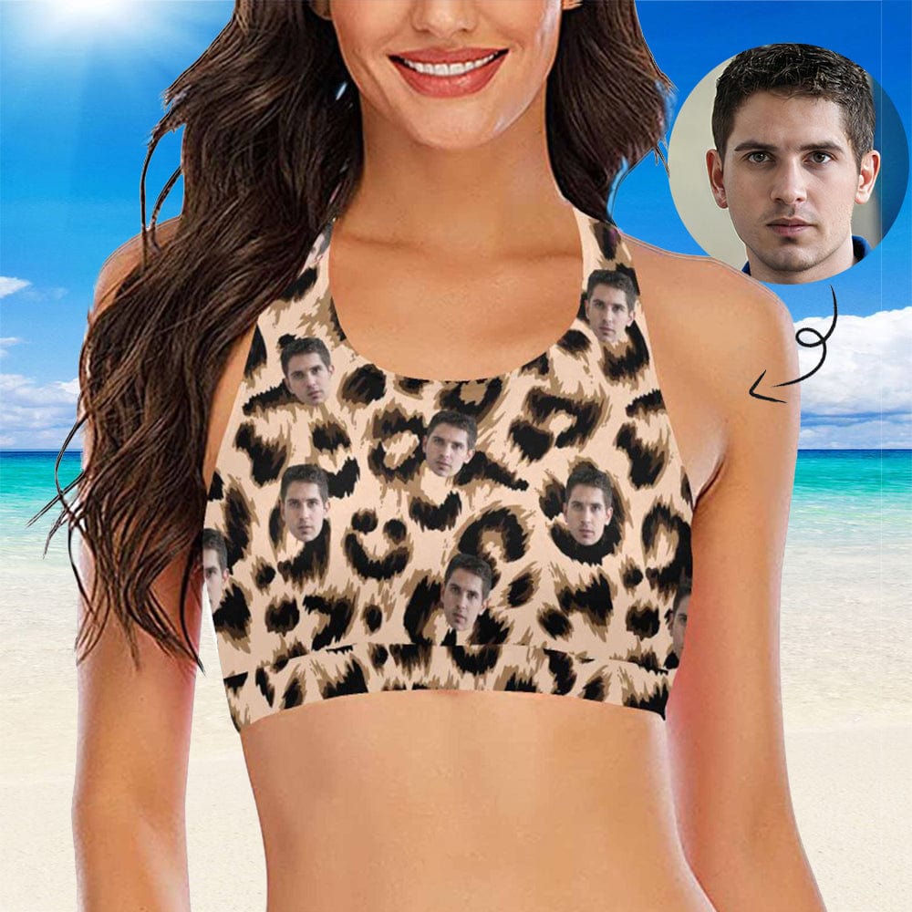 Custom #Crewneck Tank Bikini Top - Custom Face Leopard Print Women's Beach Crop High-Neck Bikini Top - YesCustom