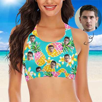 Custom #Crewneck Tank Bikini Top - Custom Face Pineapple Women's Beach Crop High-Neck Bikini Top - YesCustom