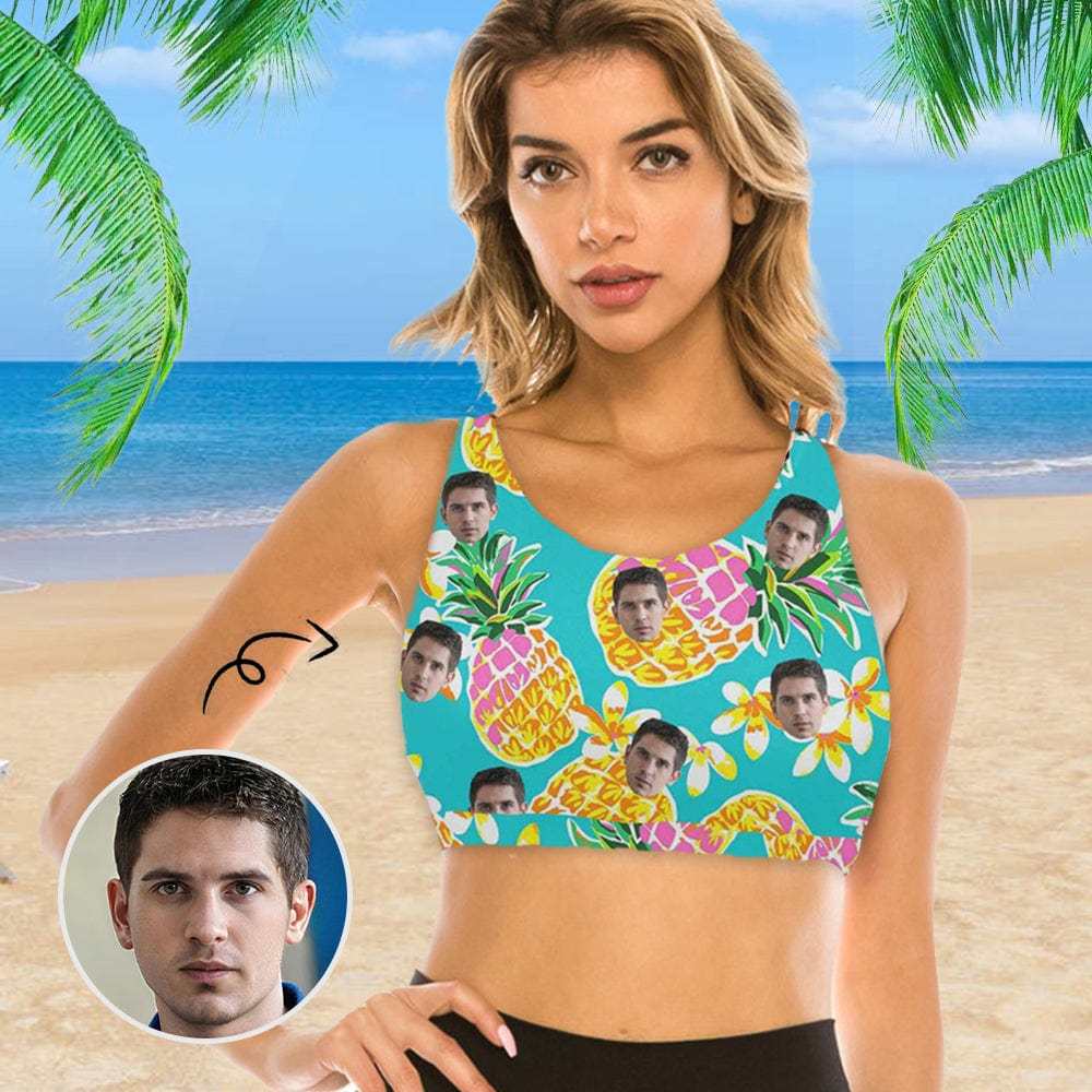 Custom #Crewneck Tank Bikini Top - Custom Face Pineapple Women's Beach Crop High-Neck Bikini Top - YesCustom