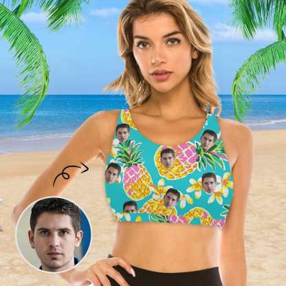 Custom #Crewneck Tank Bikini Top - Custom Face Pineapple Women's Beach Crop High-Neck Bikini Top - YesCustom