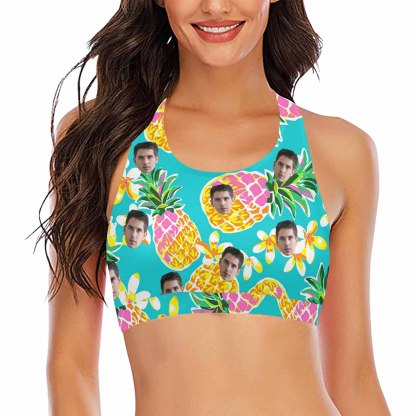 Custom #Crewneck Tank Bikini Top - Custom Face Pineapple Women's Beach Crop High-Neck Bikini Top - YesCustom