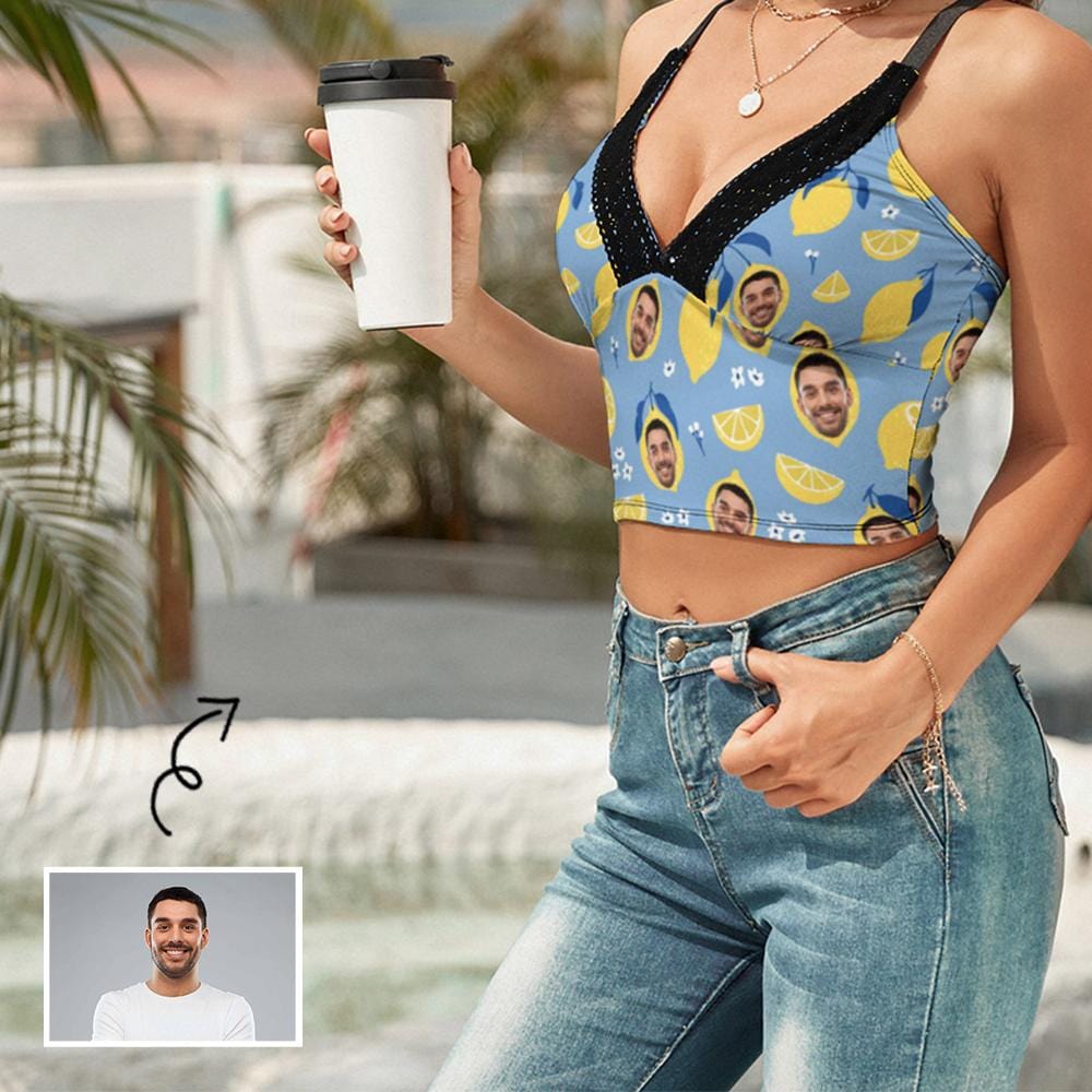 Personalized Face Tank Top Lemon Women's V-Neck Crop Camisole Top