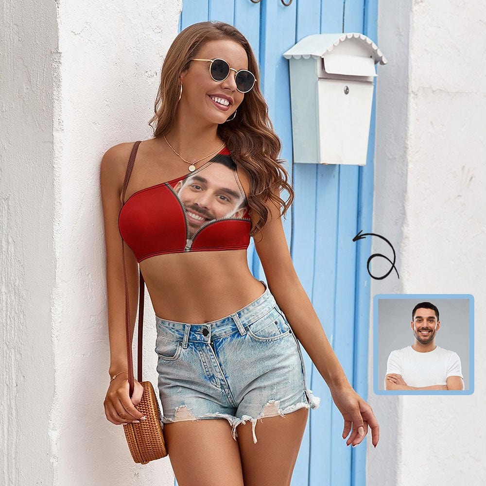 Personalized Face Tank Top Zipper Women's One-shoulder Crop Tops