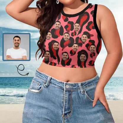 Put Face on Tank Top for Women Custom Red Leopard High Neck Crop Top