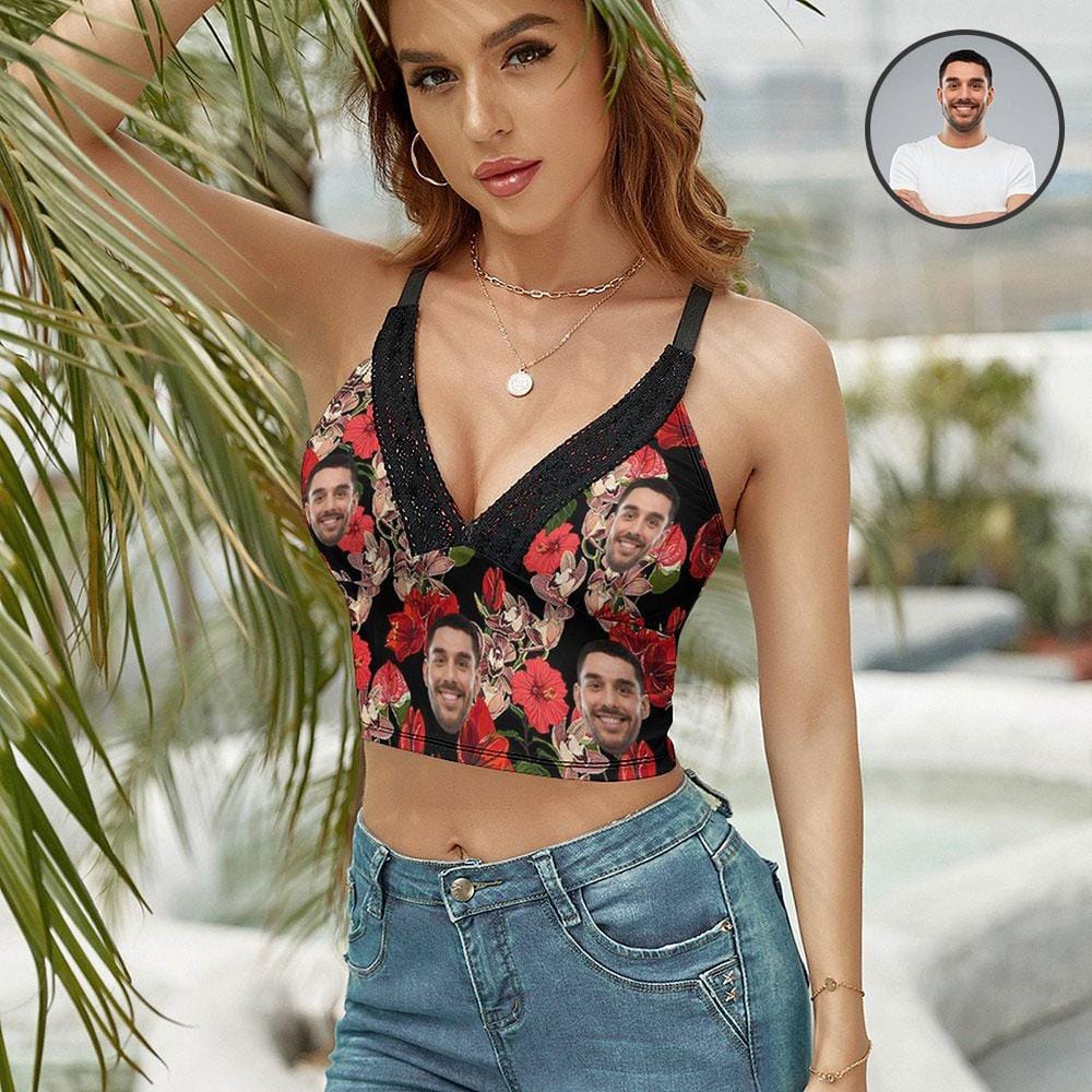 Put Face on Tank Tops Big Red Flower Women's V-Neck Crop Camisole Tops