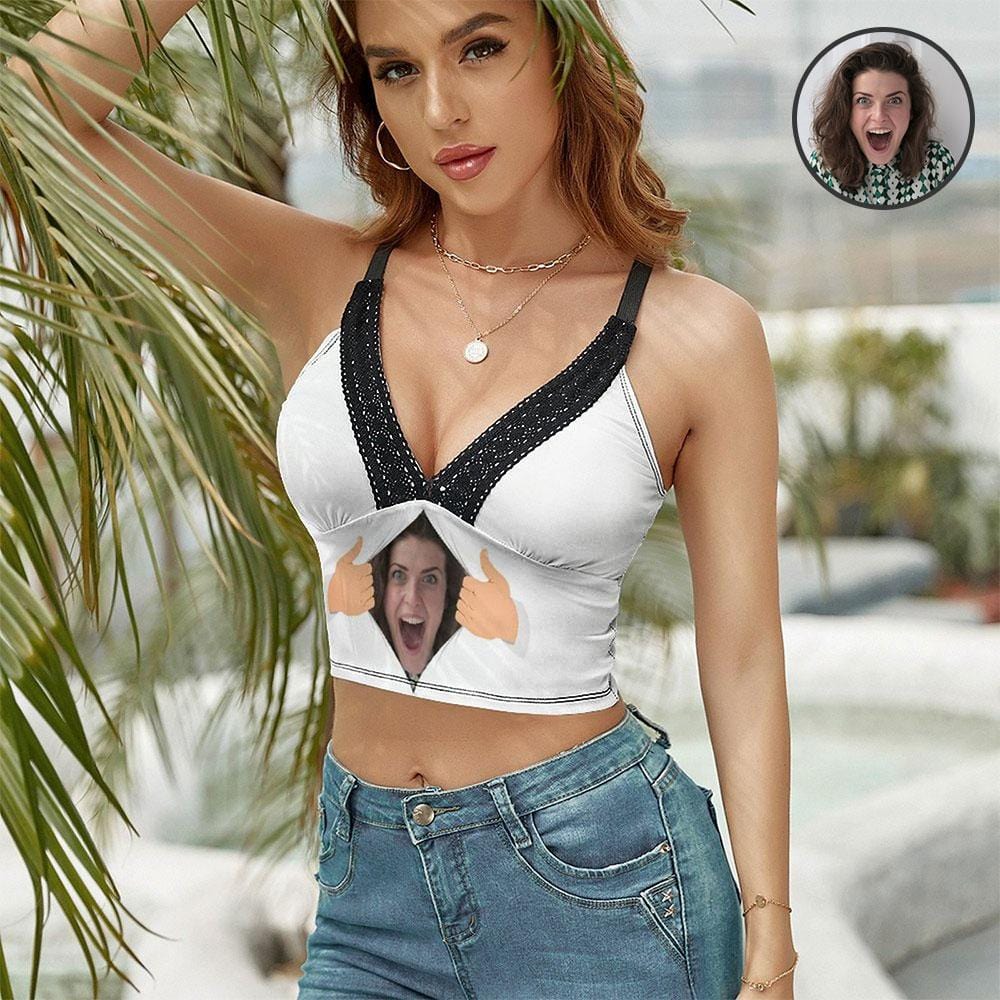 Women Top with Custom Face Personalized Pull V-Neck Crop Camisole Top