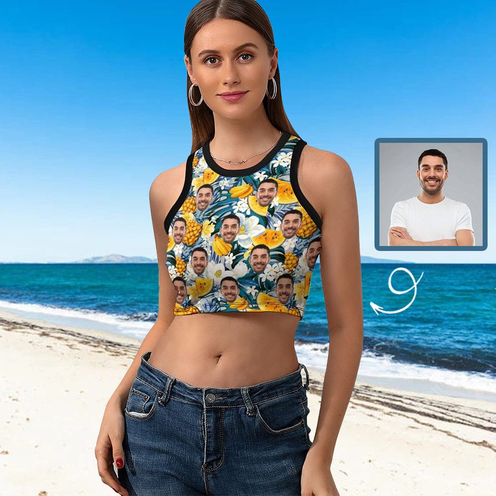 Custom Print Your Face on Tropical Fruit Women's High Neck Crop Top