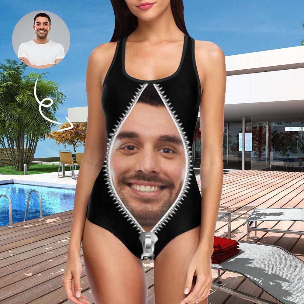 Custom #Cruise Outfit-Custom Face Swimsuit Personalized Zipper Photo Women's One Piece Bathing Suit Gift For Her - YesCustom