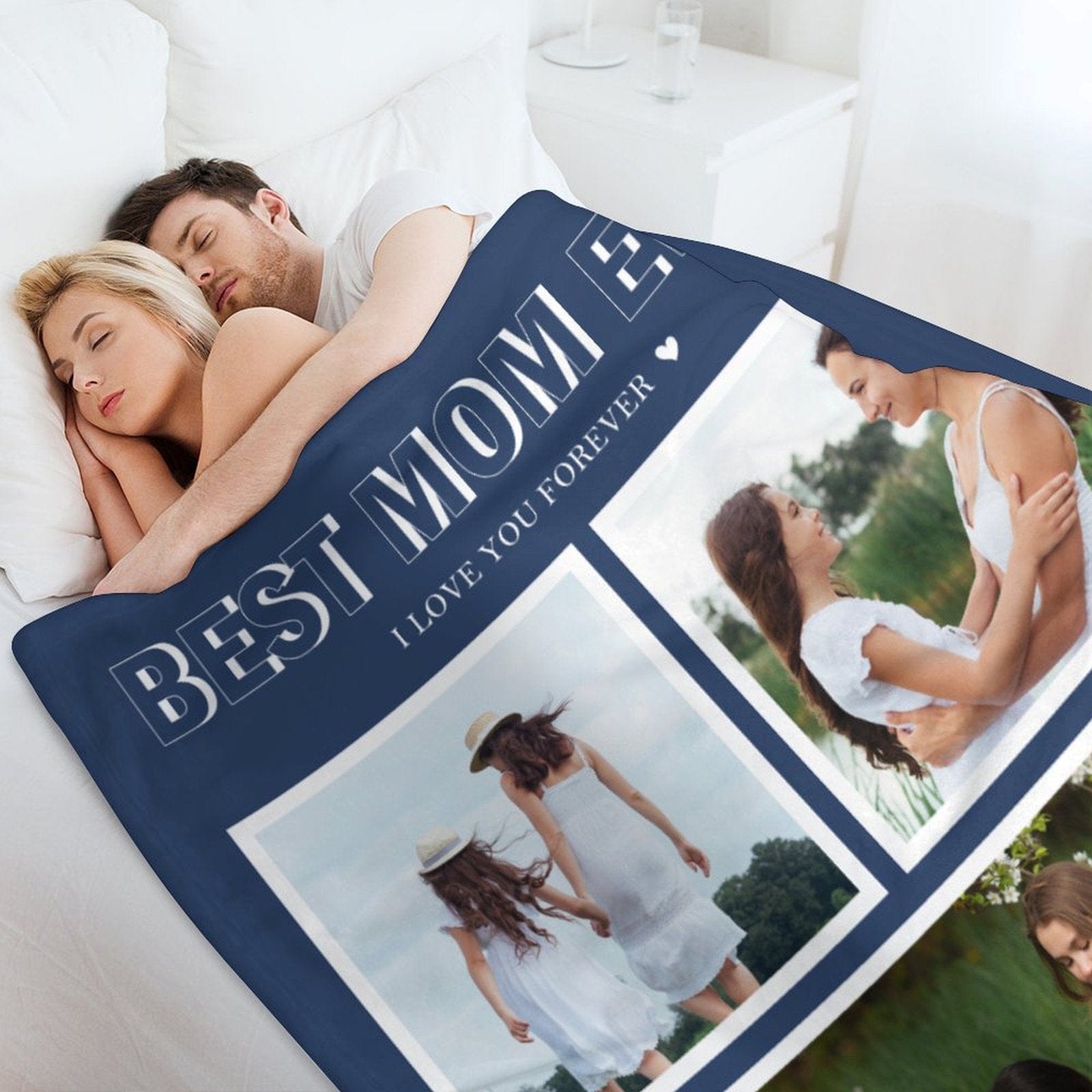 Custom Custom 3 Photos Best Mom Blue Ever Anti-pilling Flannel Blanket Personalized Mother's Day Blanket Gifts For Best Mom And Grandma - YesCustom