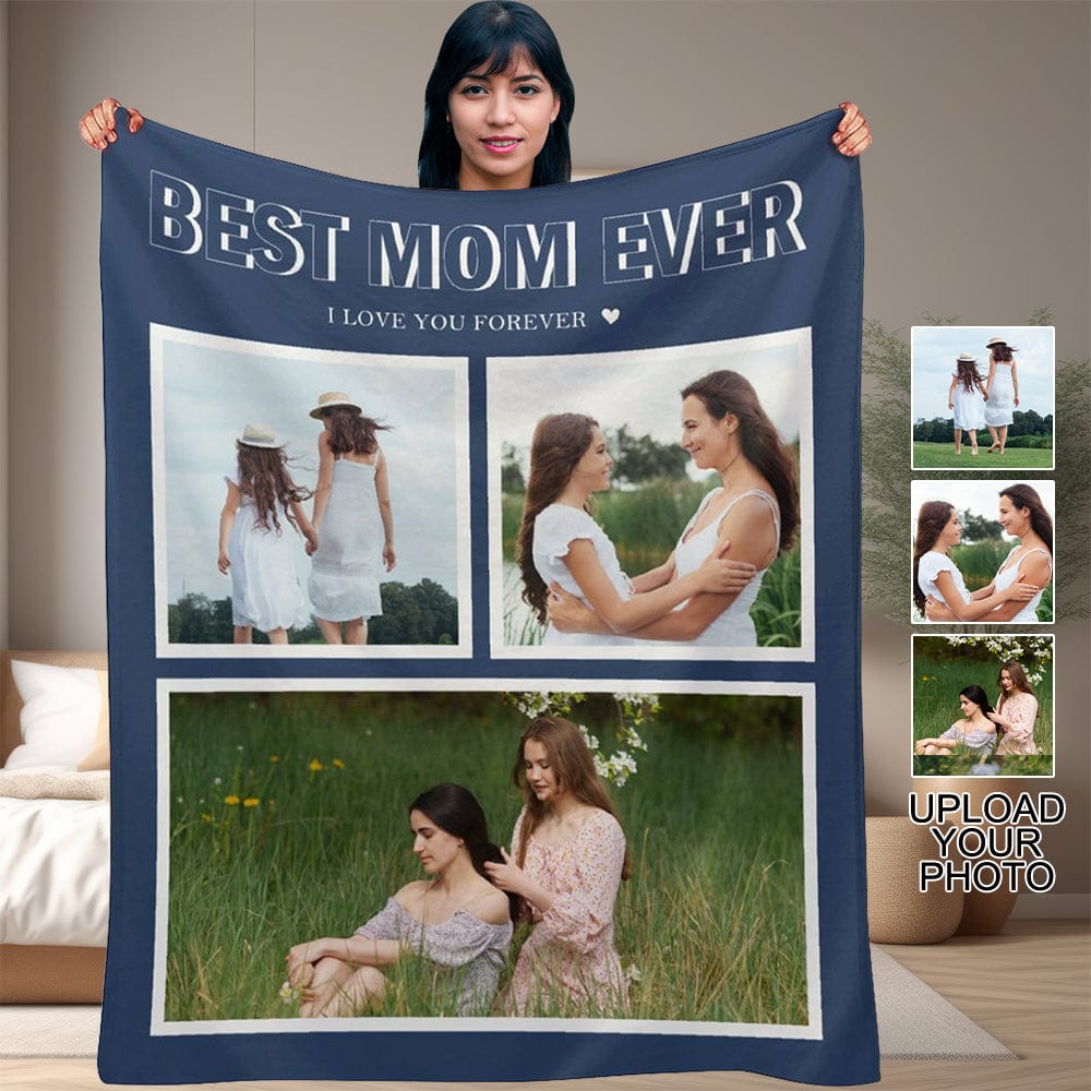 Custom Custom 3 Photos Best Mom Blue Ever Anti-pilling Flannel Blanket Personalized Mother's Day Blanket Gifts For Best Mom And Grandma - YesCustom