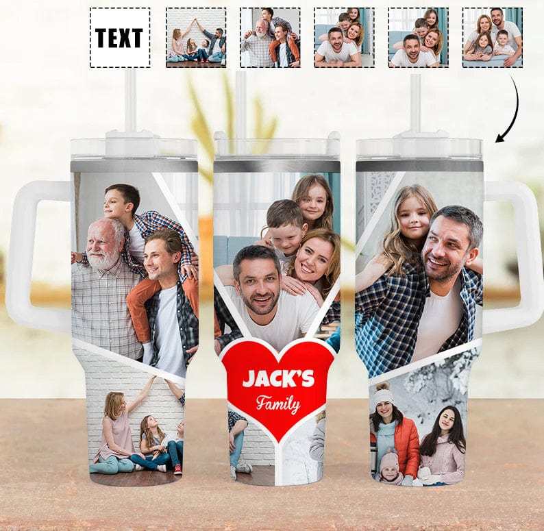 Custom Custom 5 Photos Personalized 40oz Stainless Steel Travel Mug with Handle and Straw Lid Large Capacity Car Cup - YesCustom