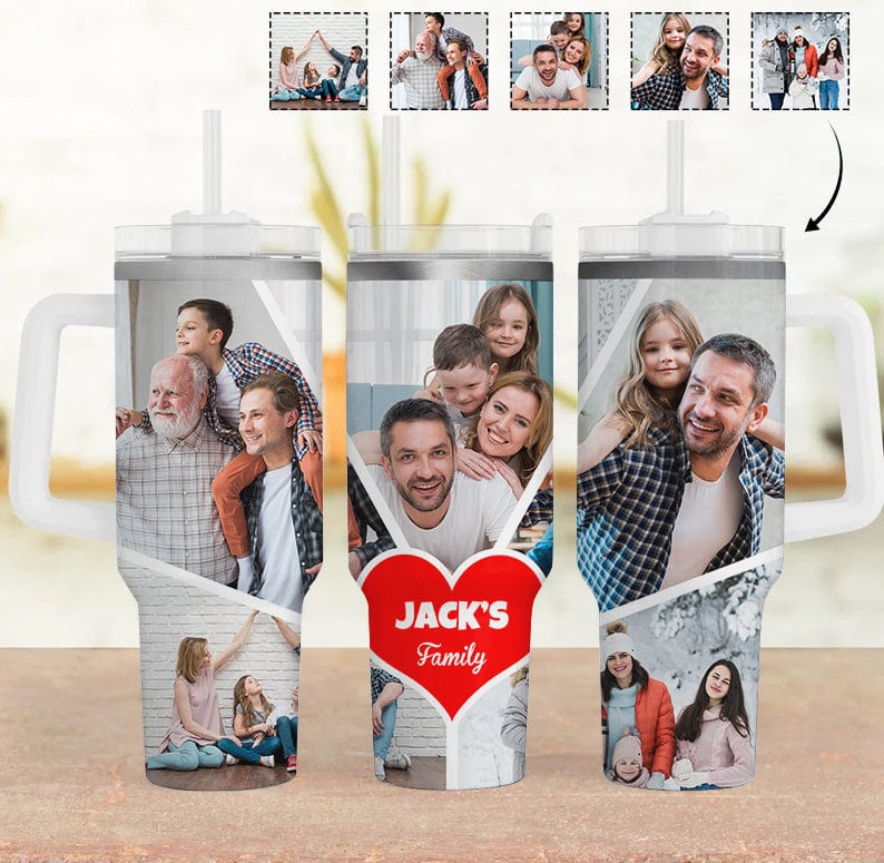 Custom Custom 5 Photos Personalized 40oz Stainless Steel Travel Mug with Handle and Straw Lid Large Capacity Car Cup - YesCustom