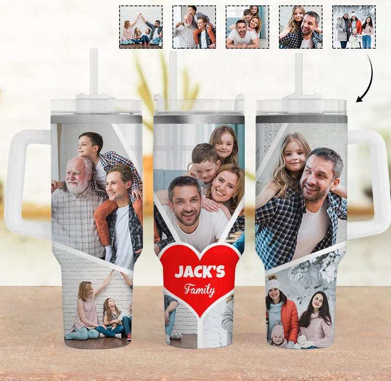 Custom Custom 5 Photos Personalized 40oz Stainless Steel Travel Mug with Handle and Straw Lid Large Capacity Car Cup - YesCustom