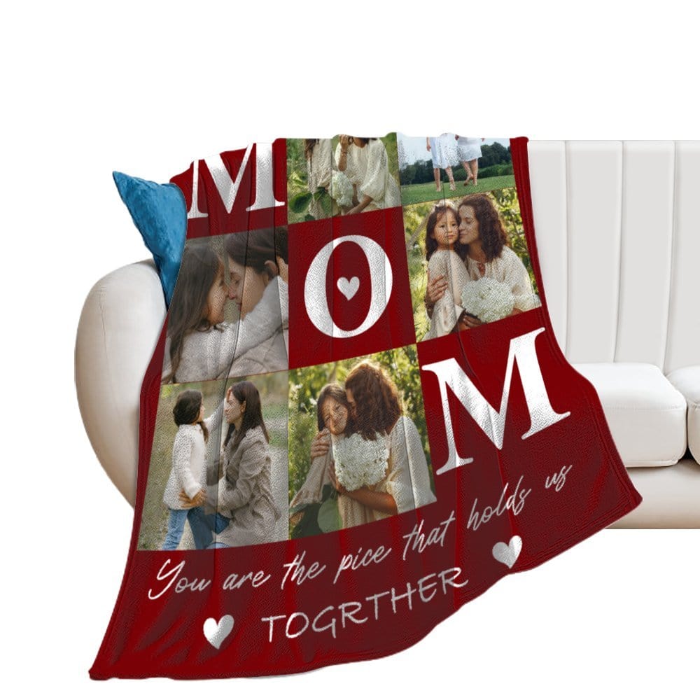 Custom Custom 6 Photos Red Mom Ever White Anti-pilling Flannel Blanket Personalized Mother's Day Blanket Gifts For Best Mom And Grandma - YesCustom