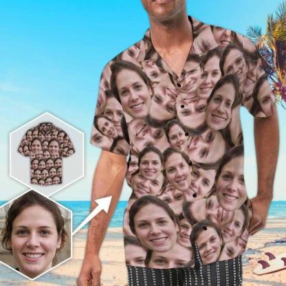 Custom Custom All Over Print Hawaiian Shirt with Girlfriend Face Irregular Seamless Tropical Aloha Shirt Birthday Vacation Party Gift for Him - YesCustom