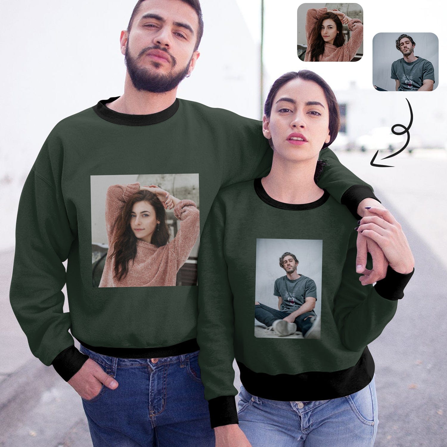 Custom Custom Any Photo Couple Sweatshirt Personalized Dark Green Matching Loose Sweatshirt for Him and Her Unisex Couple Crewneck Long Sleeve T-shirt - YesCustom