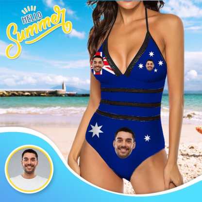 Custom Custom Australia Flag Lace Band Embossing Face Swimsuit Women's New Strap One Piece Bathing Suit Celebrate Holiday Party - YesCustom