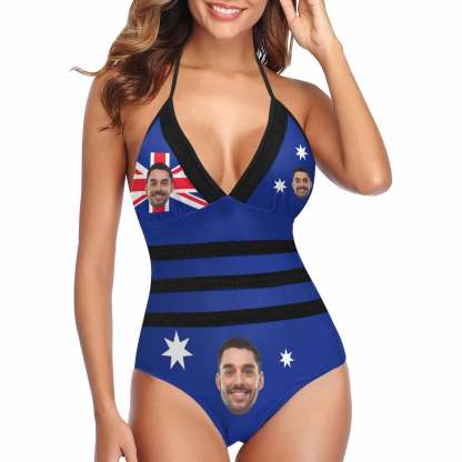 Custom Custom Australia Flag Lace Band Embossing Face Swimsuit Women's New Strap One Piece Bathing Suit Celebrate Holiday Party - YesCustom