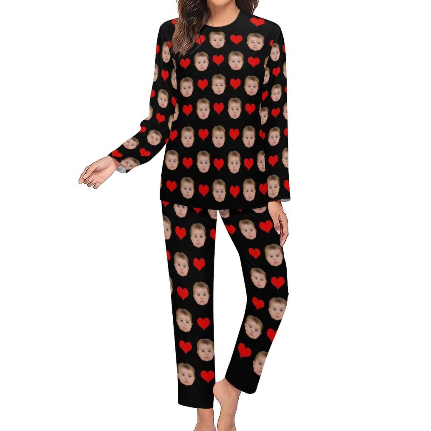 Custom Custom Baby Face Pajamas Love Heart Sleepwear Personalized Women's Slumber Party Crewneck Long Pajamas Set - YesCustom