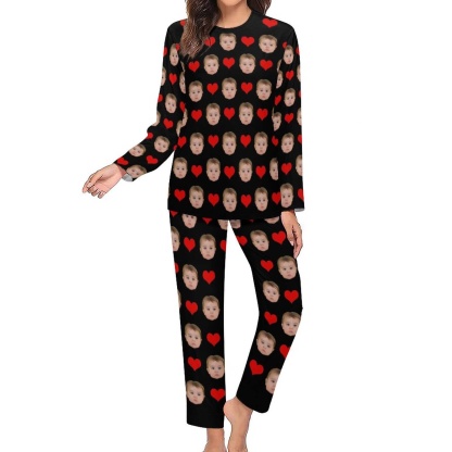 Custom Custom Baby Face Pajamas Love Heart Sleepwear Personalized Women's Slumber Party Crewneck Long Pajamas Set - YesCustom