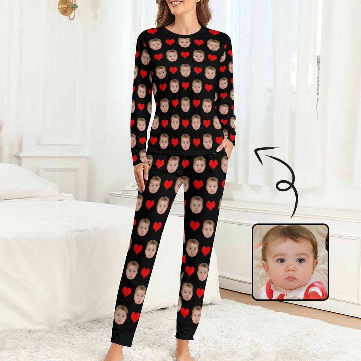 Custom Custom Baby Face Pajamas Love Heart Sleepwear Personalized Women's Slumber Party Crewneck Long Pajamas Set - YesCustom