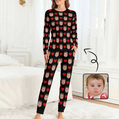 Custom Custom Baby Face Pajamas Love Heart Sleepwear Personalized Women's Slumber Party Crewneck Long Pajamas Set - YesCustom