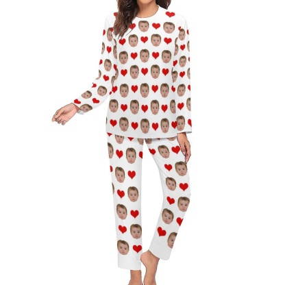 Custom Custom Baby Face Pajamas Love Heart Sleepwear Personalized Women's Slumber Party Crewneck Long Pajamas Set - YesCustom