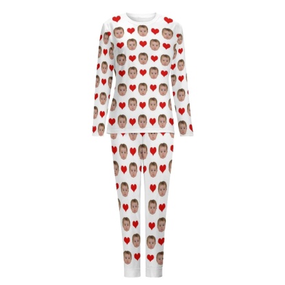 Custom Custom Baby Face Pajamas Love Heart Sleepwear Personalized Women's Slumber Party Crewneck Long Pajamas Set - YesCustom