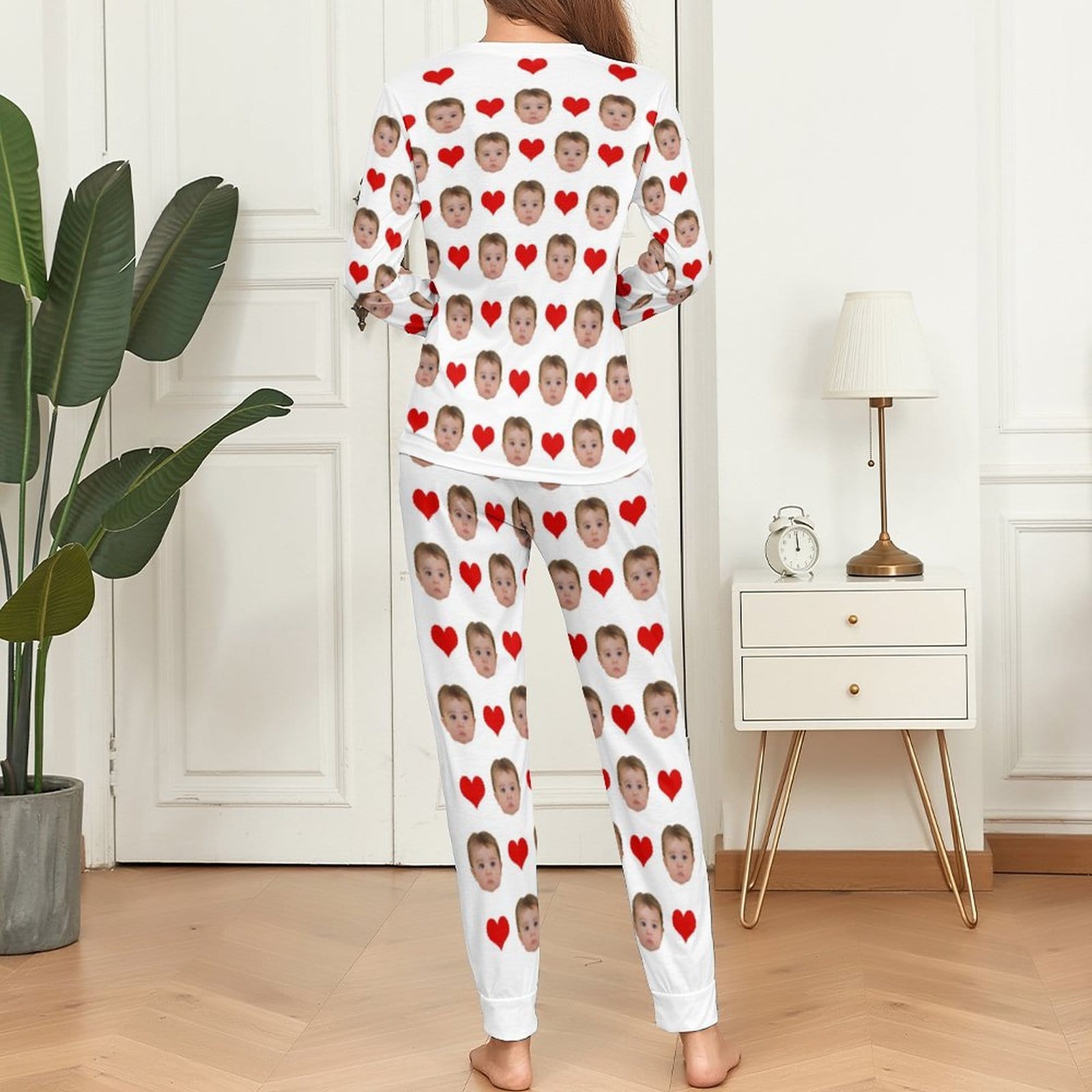 Custom Custom Baby Face Pajamas Love Heart Sleepwear Personalized Women's Slumber Party Crewneck Long Pajamas Set - YesCustom