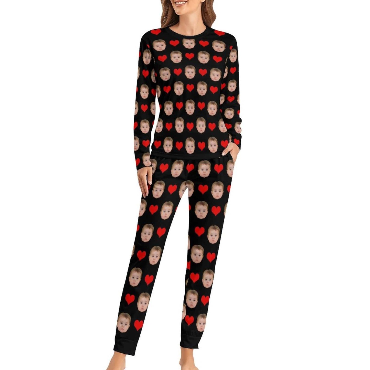 Custom Custom Baby Face Pajamas Love Heart Sleepwear Personalized Women's Slumber Party Crewneck Long Pajamas Set - YesCustom