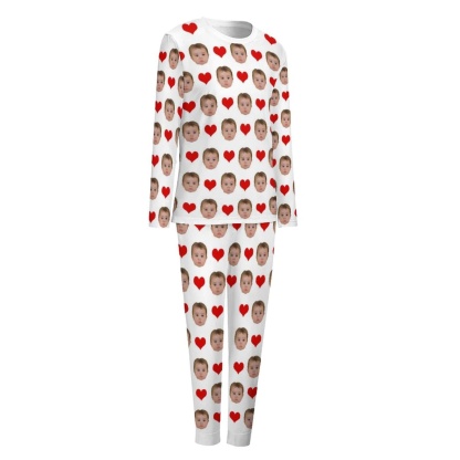 Custom Custom Baby Face Pajamas Love Heart Sleepwear Personalized Women's Slumber Party Crewneck Long Pajamas Set - YesCustom