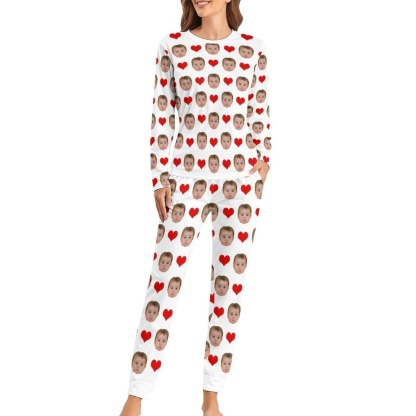 Custom Custom Baby Face Pajamas Love Heart Sleepwear Personalized Women's Slumber Party Crewneck Long Pajamas Set - YesCustom