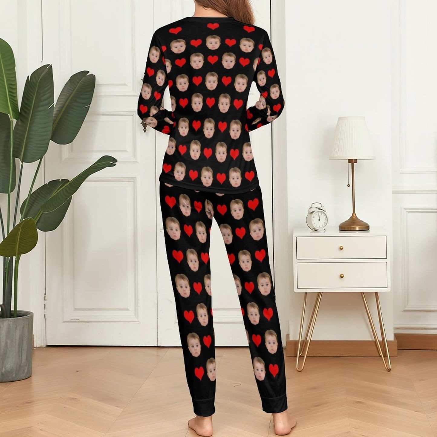 Custom Custom Baby Face Pajamas Love Heart Sleepwear Personalized Women's Slumber Party Crewneck Long Pajamas Set - YesCustom