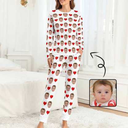 Custom Custom Baby Face Pajamas Love Heart Sleepwear Personalized Women's Slumber Party Crewneck Long Pajamas Set - YesCustom