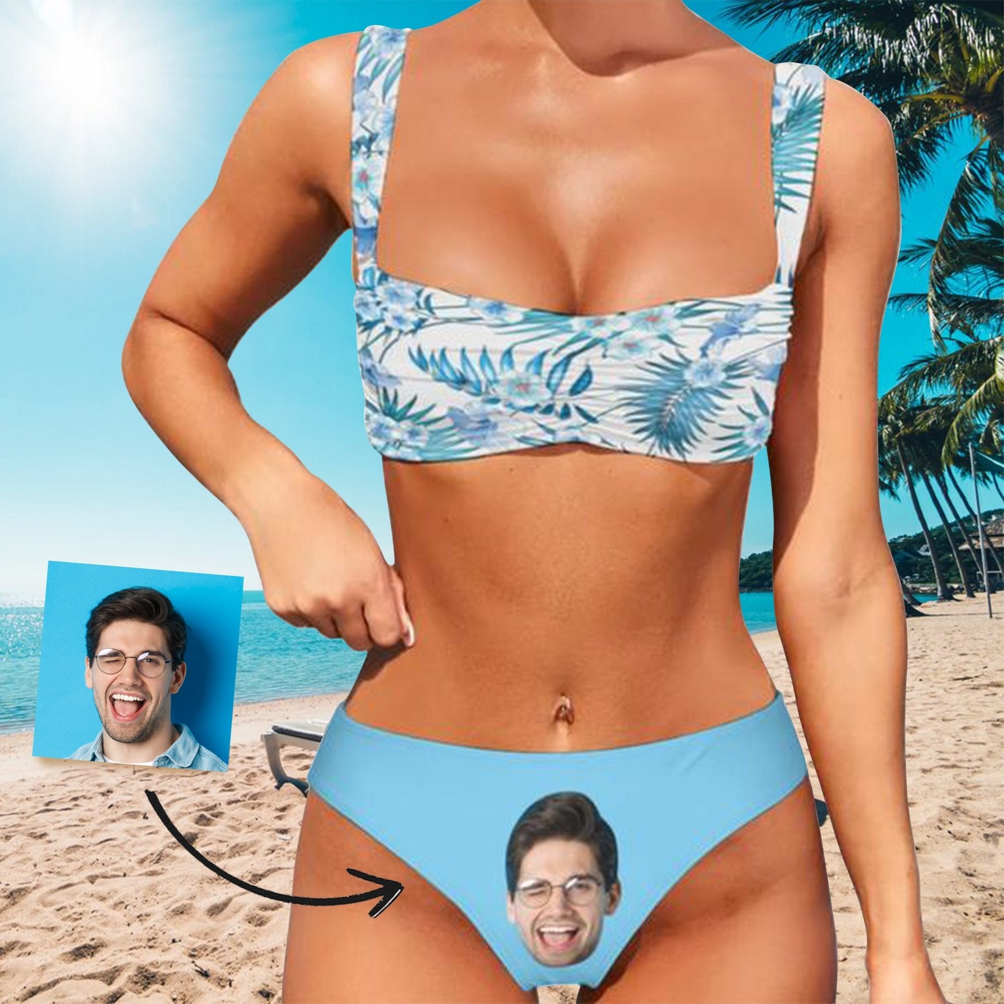 Custom Custom Big Face Blue Leaves Bikini Personalized Women's Wide Shoulder Straps High Waist Bikini Set - YesCustom