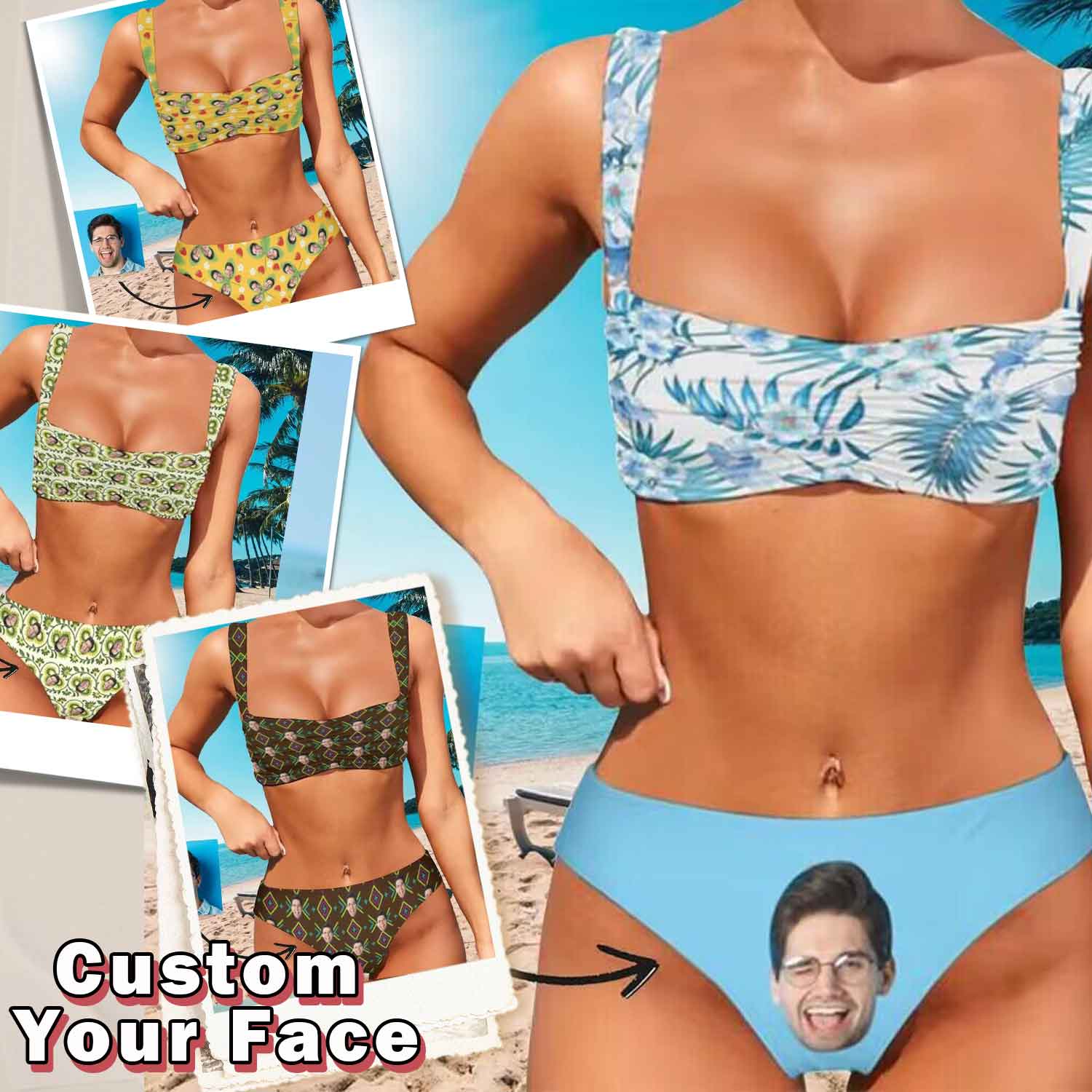 Custom Custom Big Face Blue Leaves Bikini Personalized Women's Wide Shoulder Straps High Waist Bikini Set - YesCustom