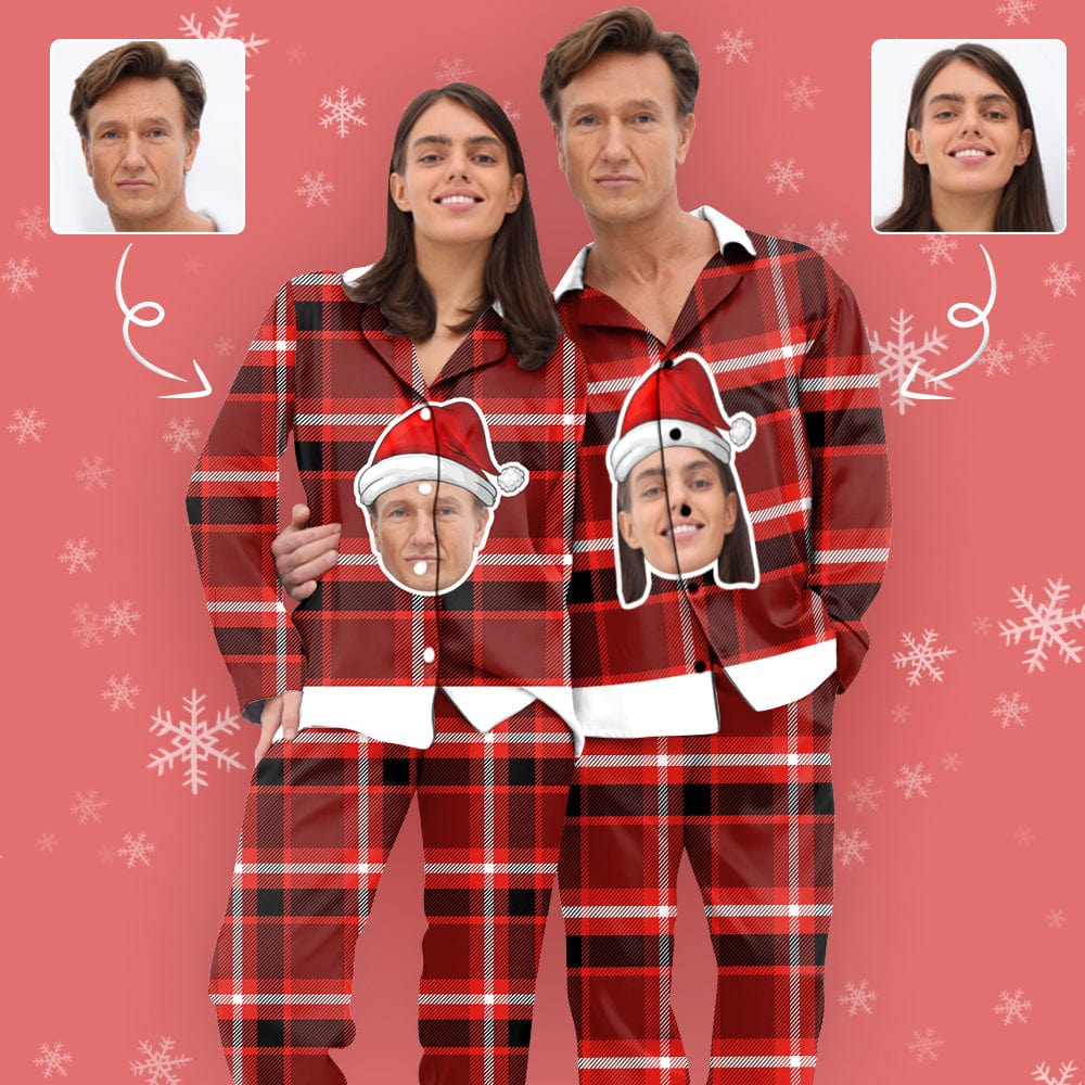 Custom Custom Big Face Christmas Hat Sleepwear Couple Matching V-Neck Long Pajama Set Best Christmas Gift - YesCustom