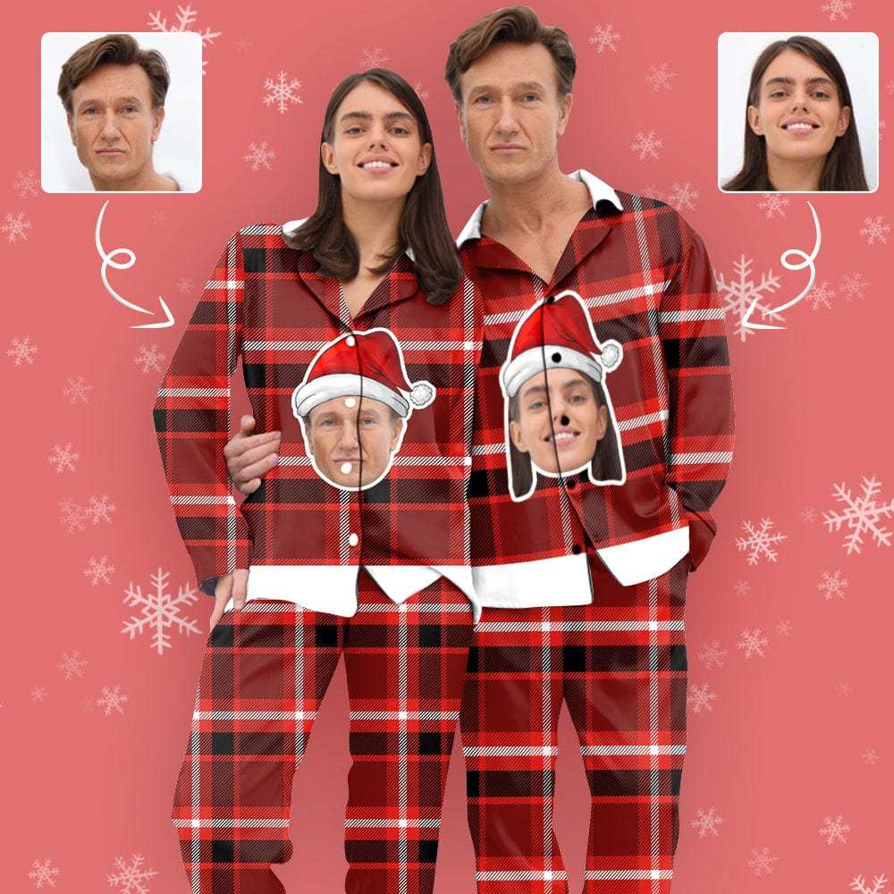 Custom Custom Big Face Christmas Hat Sleepwear Couple Matching V-Neck Long Pajama Set Best Christmas Gift - YesCustom