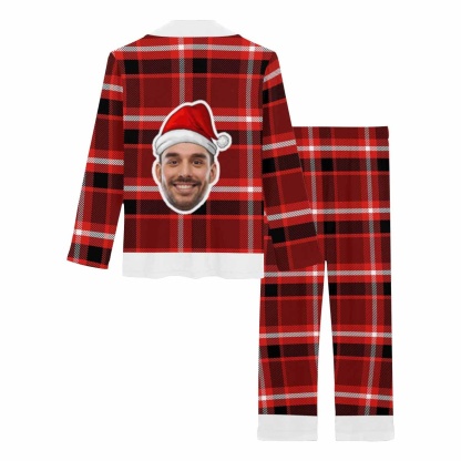 Custom Custom Big Face Christmas Hat Sleepwear Couple Matching V-Neck Long Pajama Set Best Christmas Gift - YesCustom